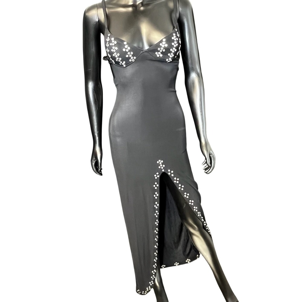 Y2K Women Black Rhinestone Slit Maxi Dress Sexy Evening Formal Size Small Retro